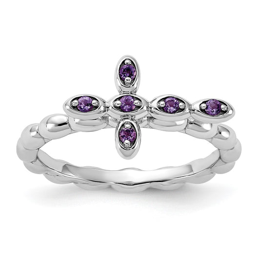 Sterling Silver Stackable Expressions Rhodium-plated Amethyst Cross Ring Size -10