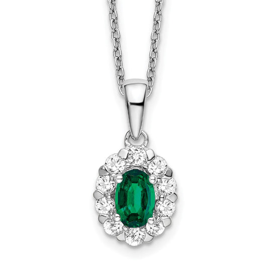 14k White Gold 1/2 carat Lab Grown Diamond VS/SI+ G+ and Oval Lab Created Emerald 18 inch Halo Pendant Necklace