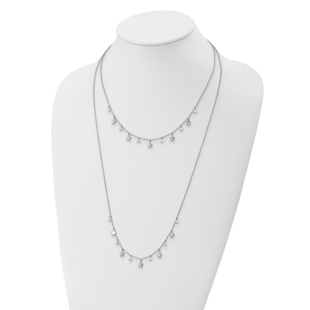 Sterling Silver Rh-Plated Stars and CZ Layered w/ 1.25in Ext. Necklace