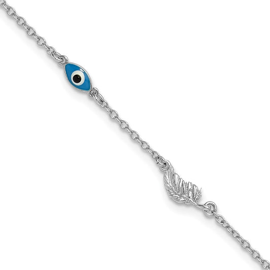 Sterling Silver Rhodium-plated Glass Evil Eye 3-Station 9 inch with 1 inch Extension Anklet