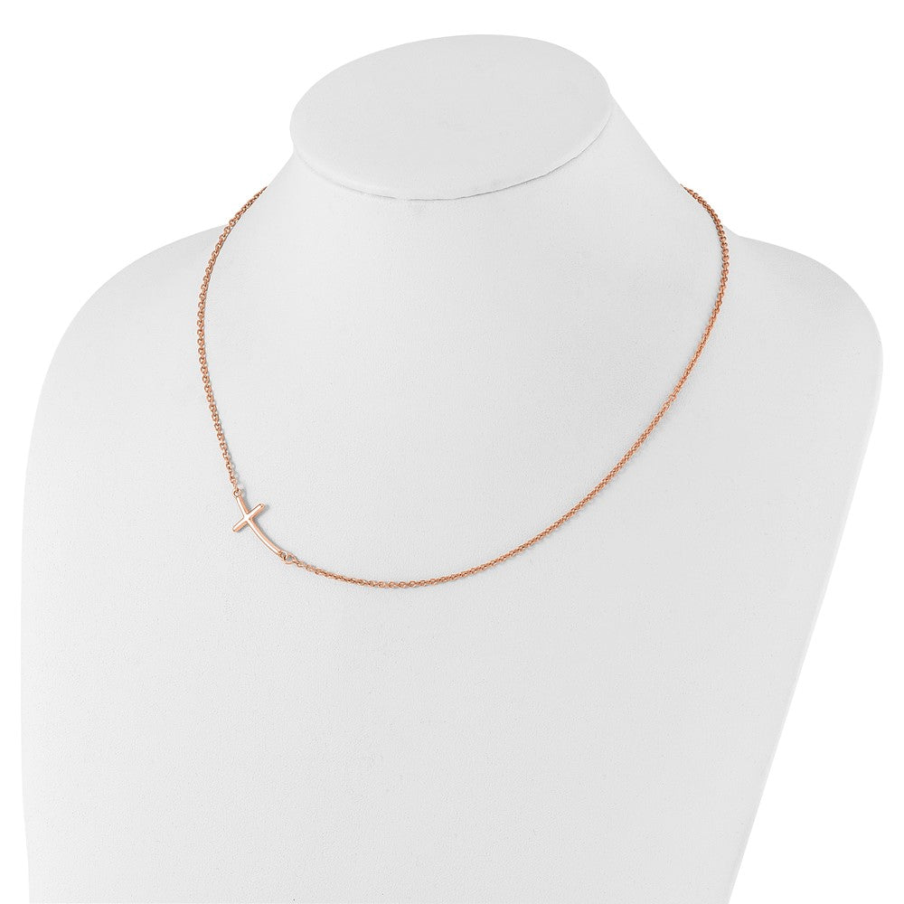 Sterling Silver RG-plated Large Off-Set Sideways Curved Cross Necklace 19 Inches