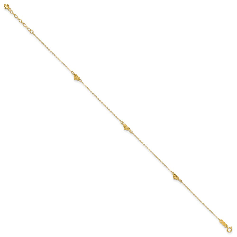 14k Polished Diamond-cut Triple Puffed Hearts 9in Plus 1in. Ext. Anklet 9 inches