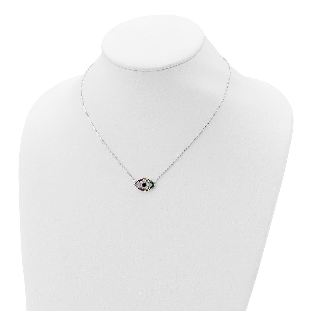 Prizma Sterling Silver Rhodium-plated 16 inch Colorful CZ Evil Eye Necklace with 2 inch Extender 16 Inches