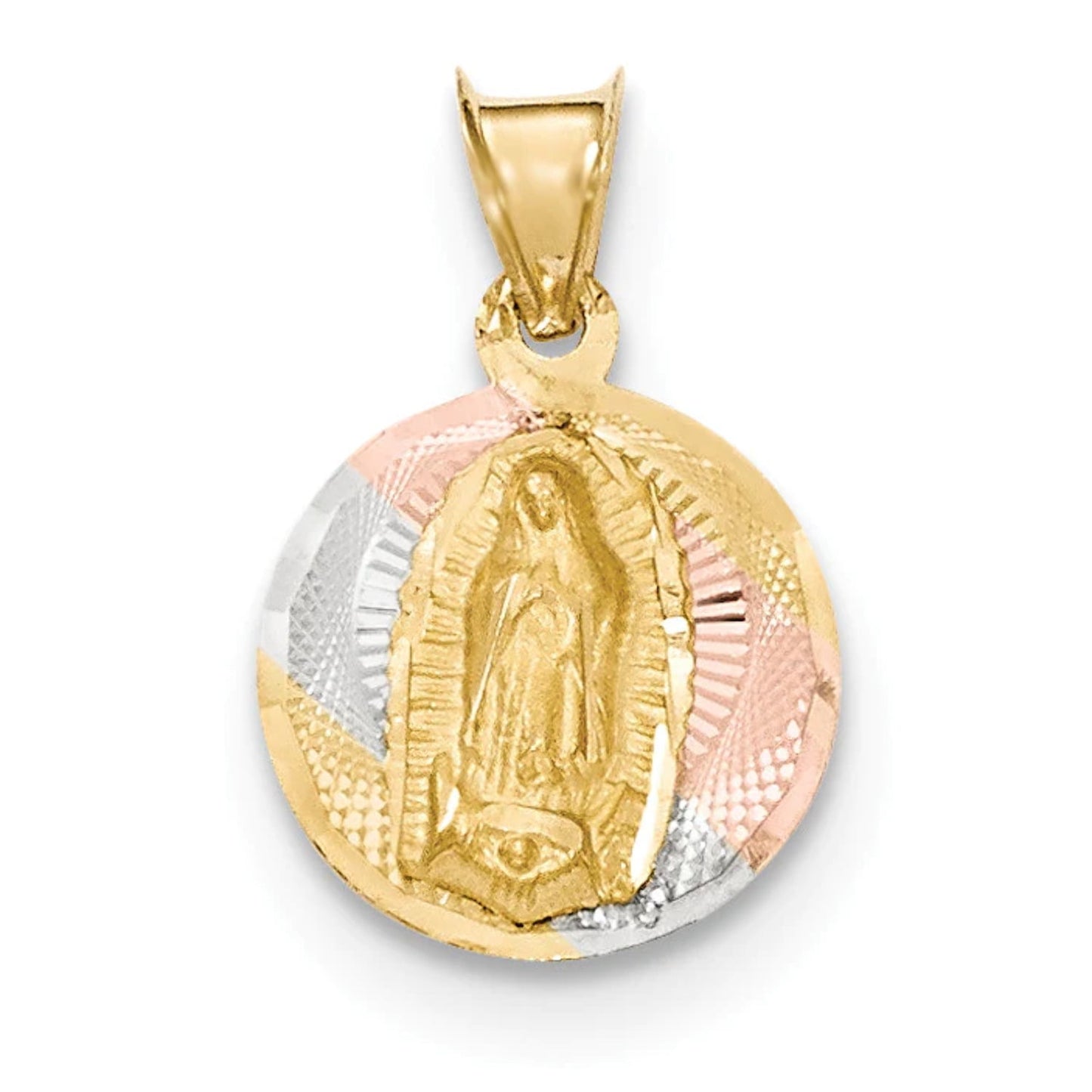 14K with Rose and White Rhodium Polished Diamond-cut Solid Our Lady Of Guadalupe Round Pendant