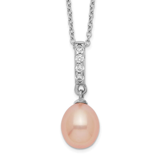 Sterling Silver Rhodium-plated 8-9mm Pink Teardrop Freshwater Cultured Pearl and CZ 17 inch Necklace 17 Inches