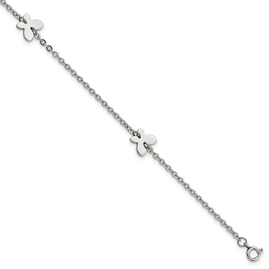 Stainless Steel Polished Butterfly Charms 9in Plus 1in ext Anklet
