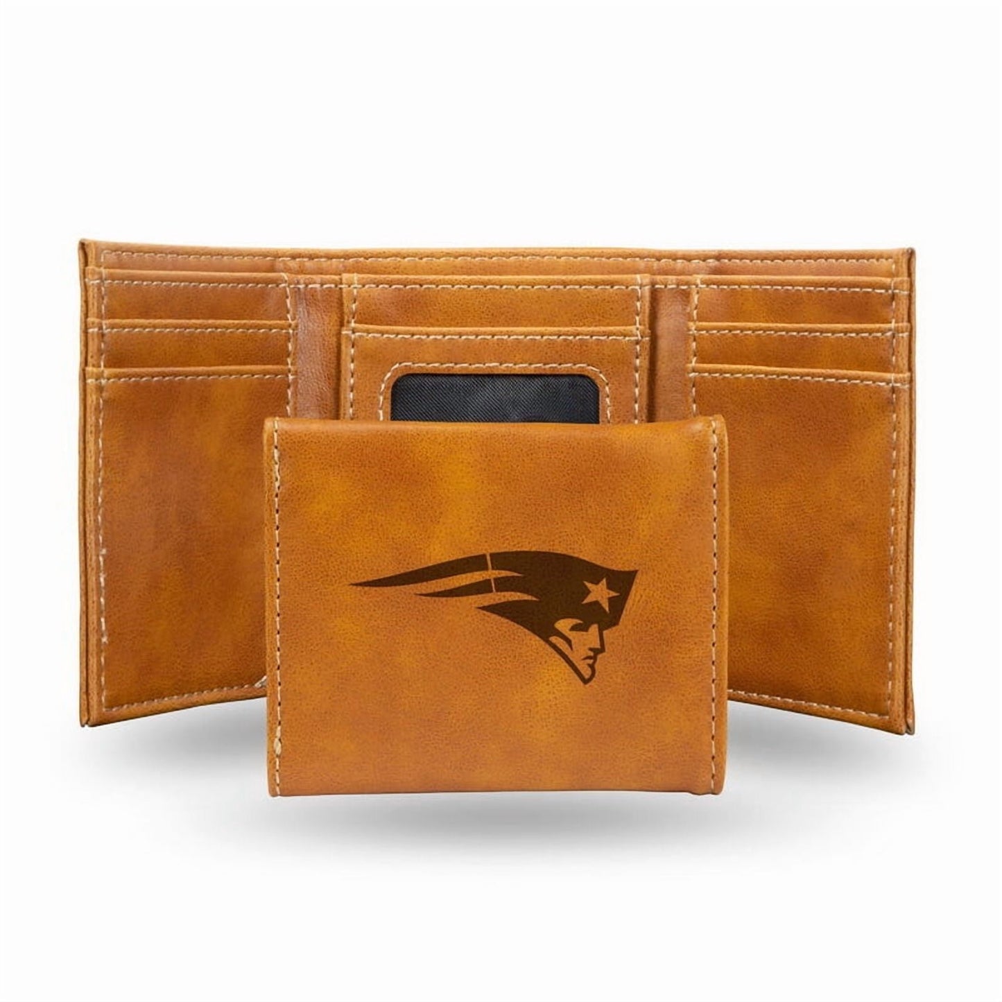 New England Patriots Brown Laser Engraved Tri-Fold Wallet - Men's Accessory