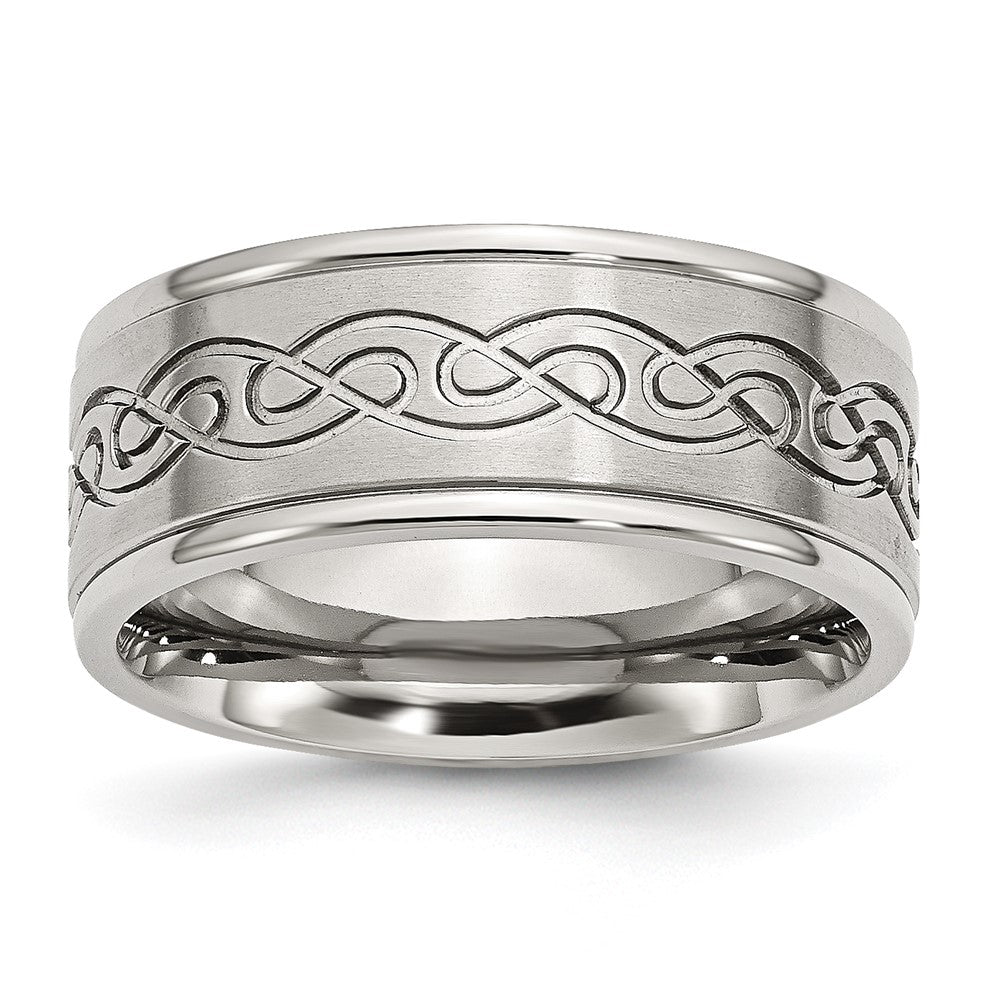 Stainless Steel Brushed/Polished Scroll Design 9mm Ridged Edge Band Size - 9.5