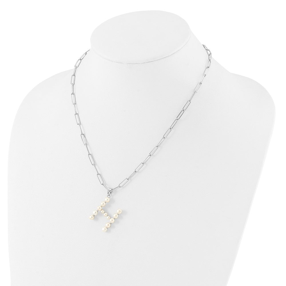 Sterling Silver Rhodium-plated 3-5.5mm White Button Freshwater Cultured Pearl LETTER H 18 inch Necklace