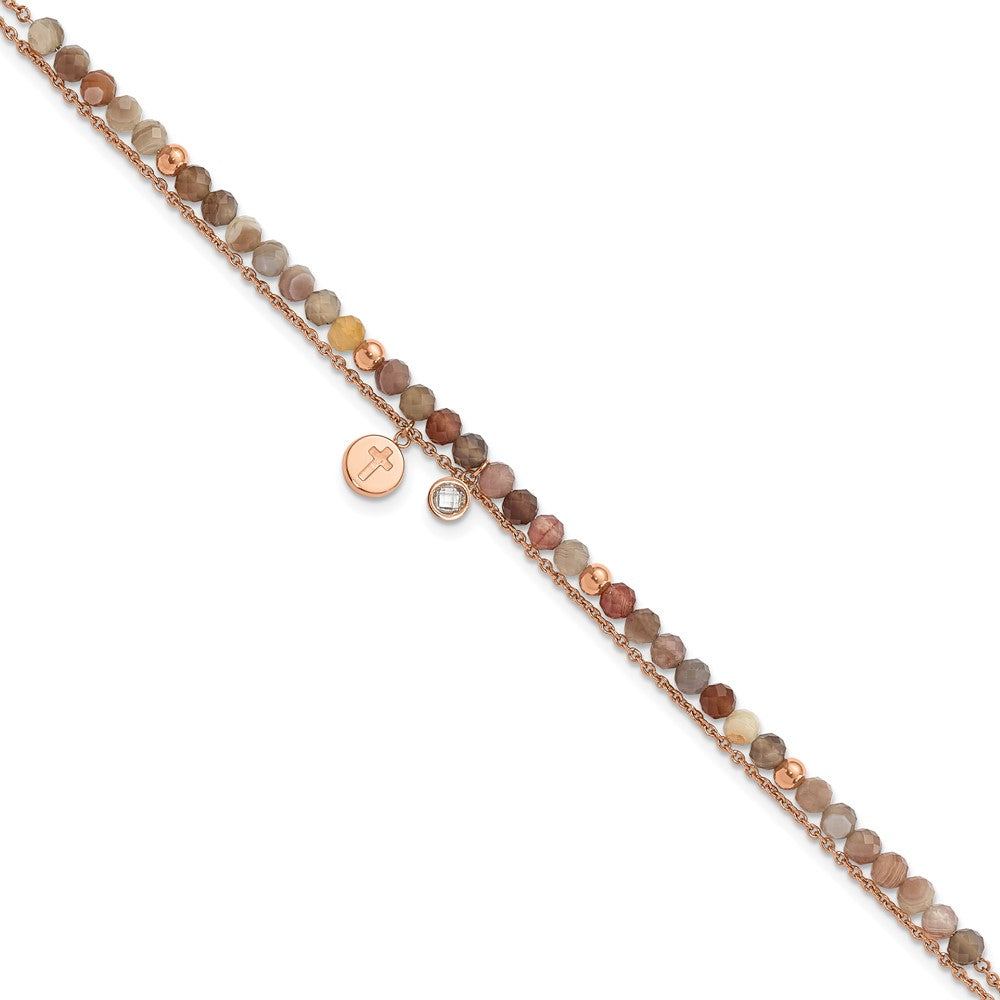 Stainless Steel Rose IP Crystal/Imit Sardonyx Cross 9in Plus 2in ext Anklet