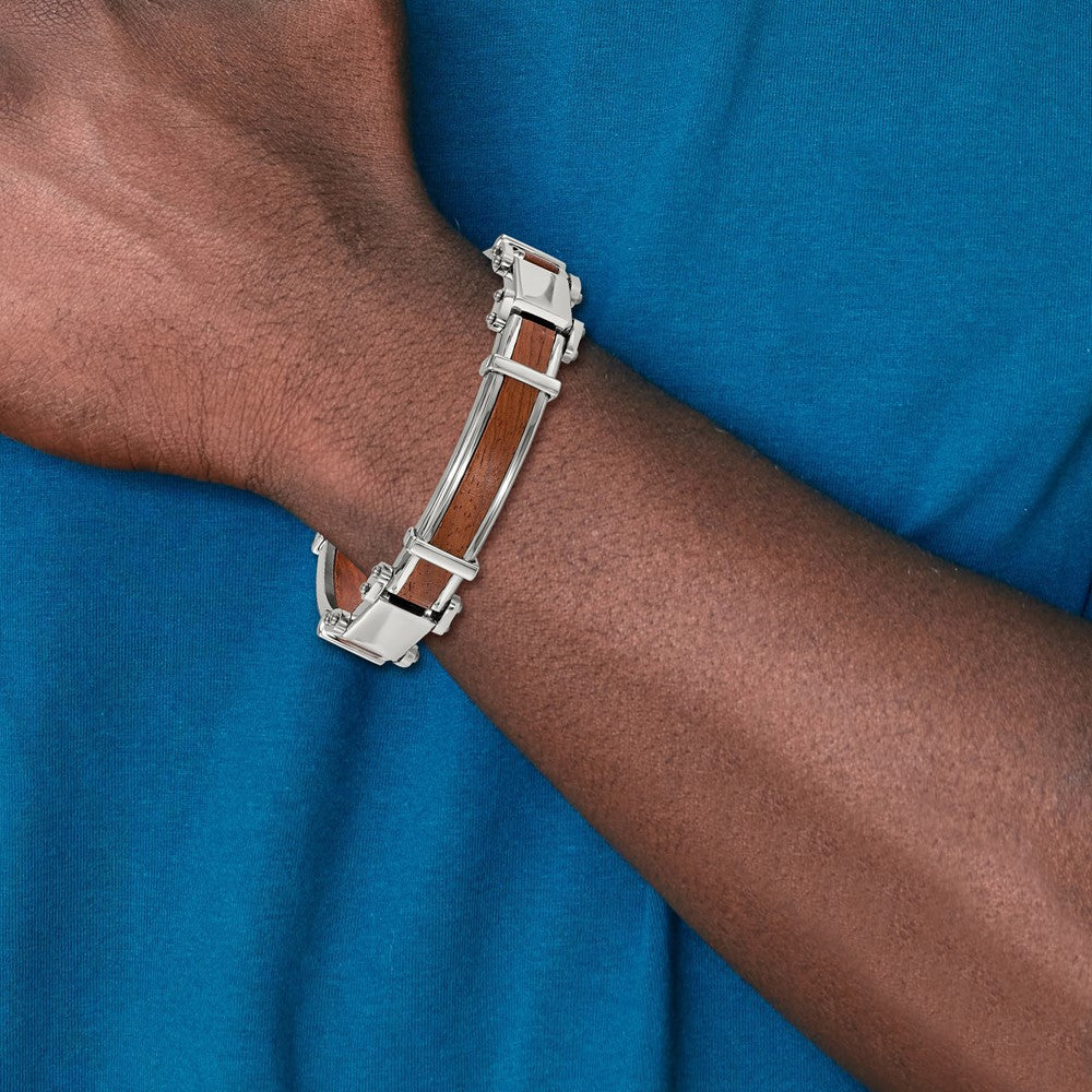 Stainless Steel Polished with Wood Inlay 8.25in Bracelet 8.25 inches