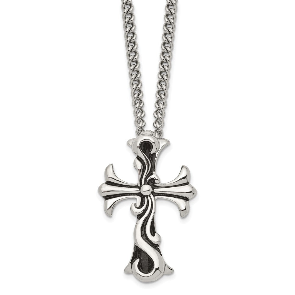 Stainless Steel Antiqued Polished & Textured Scroll Cross 22in Necklace