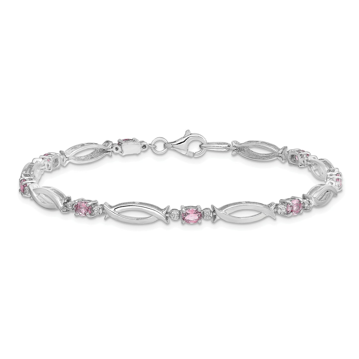 Sterling Silver Rhodium-plated Pink Tourmaline and Diamond Bracelet 7 inches