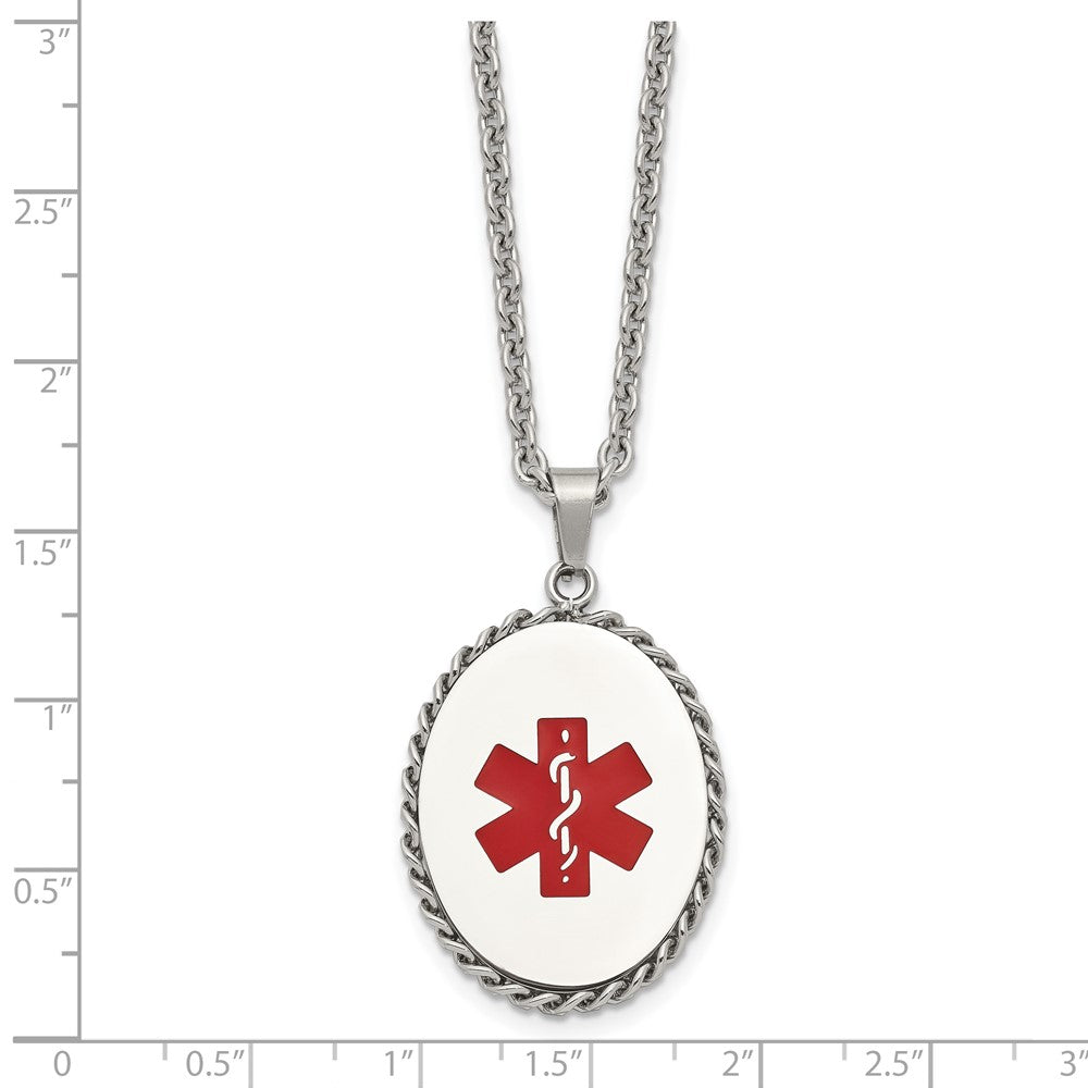 Stainless Steel Polished w/Red Enamel Oval Medical ID 20in Necklace