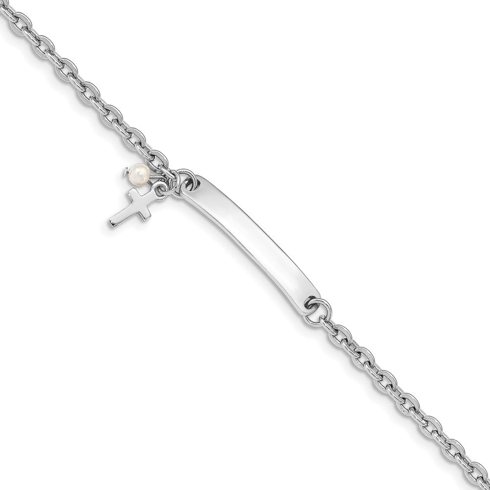 Sterling Silver RH-plated Cross Syn Pearl 6in Plus1in Ext. ID Bracelet 6 inches