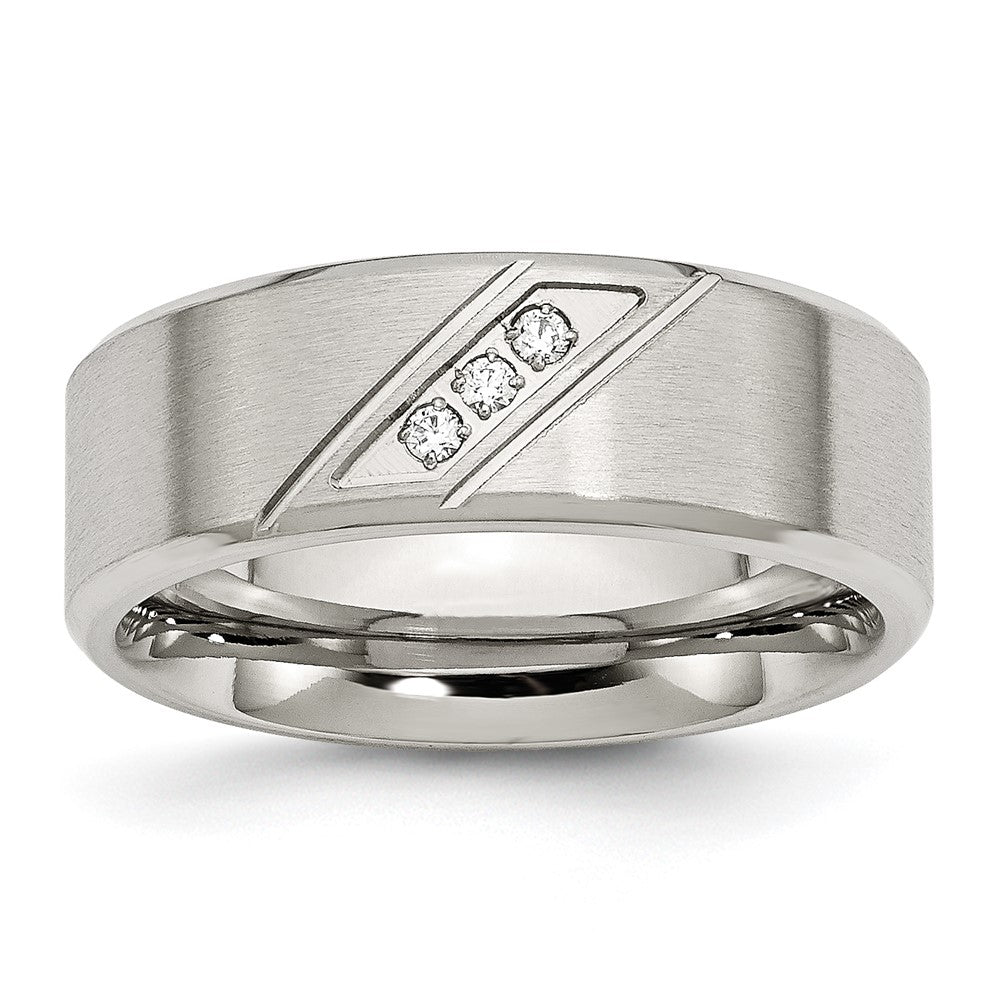 Stainless Steel Brushed and Polished w/CZ 8mm Beveled Edge Band Size - 10.5