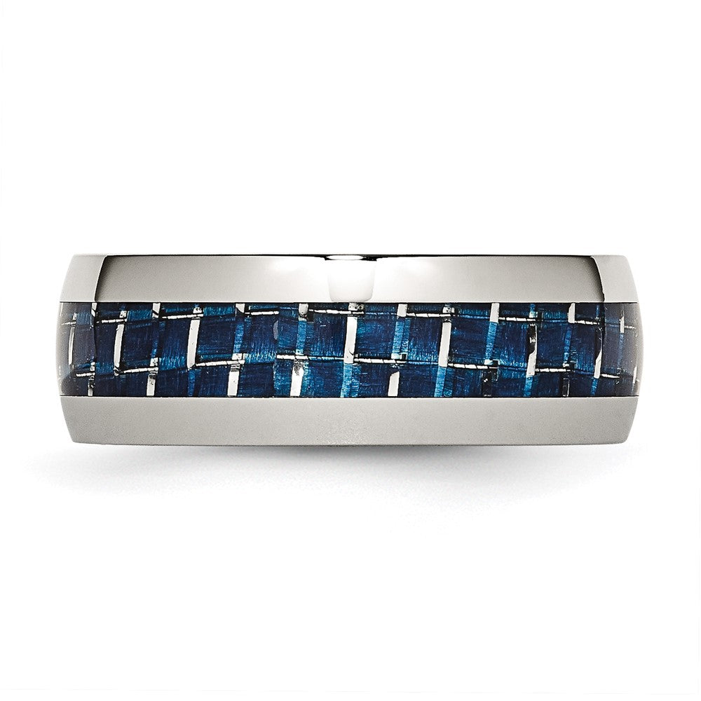 Stainless Steel Polished w/Blue Carbon Fiber Inlay 8mm Band Size - 7.5