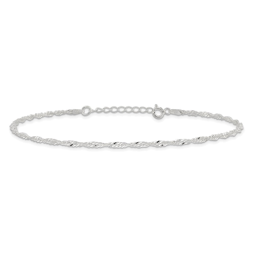 Sterling Silver 2mm Singapore 9in Plus 1in ext. Chain Anklet 9 inches