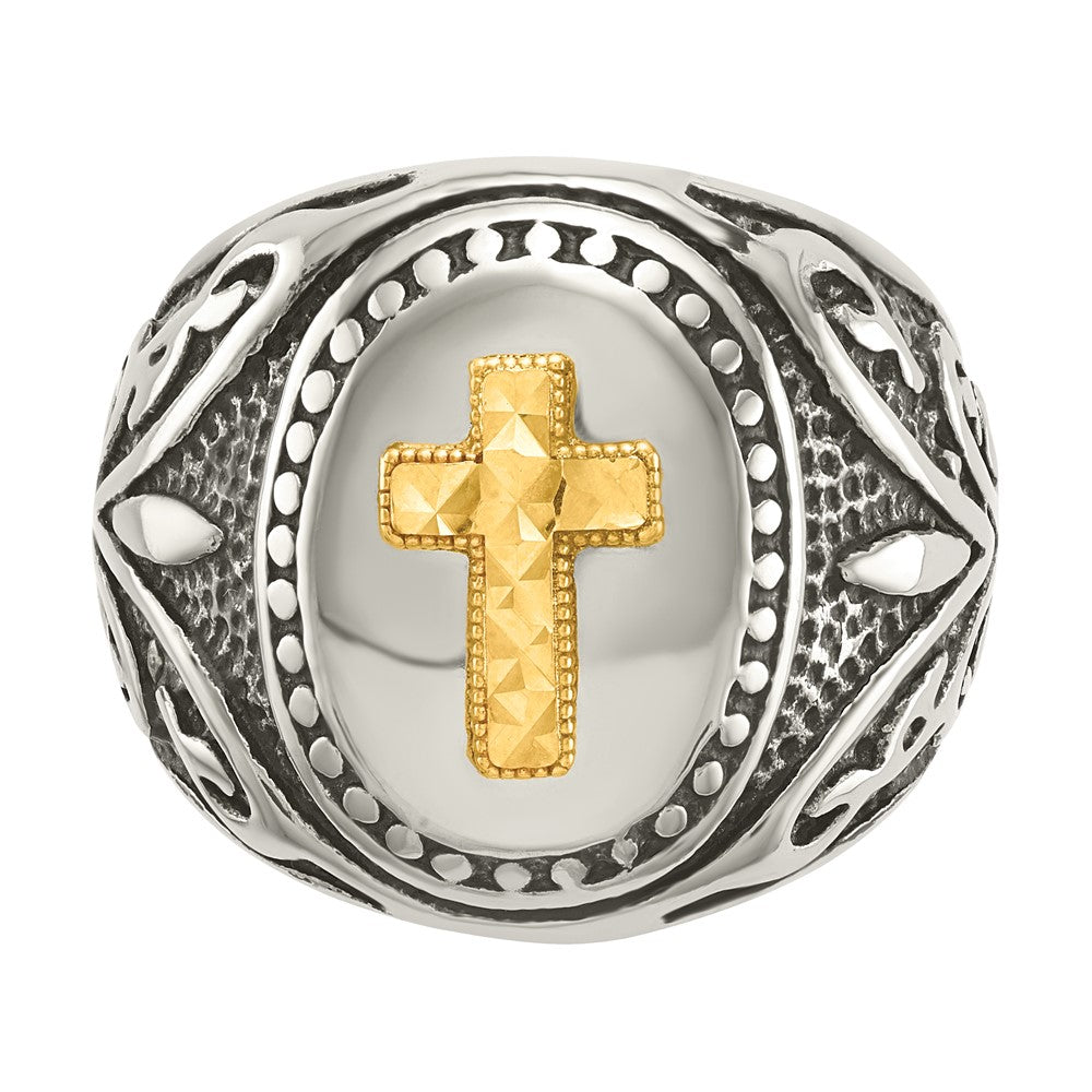 Stainless Steel w/14k Accent Antiqued and Polished Cross Ring Size - 11