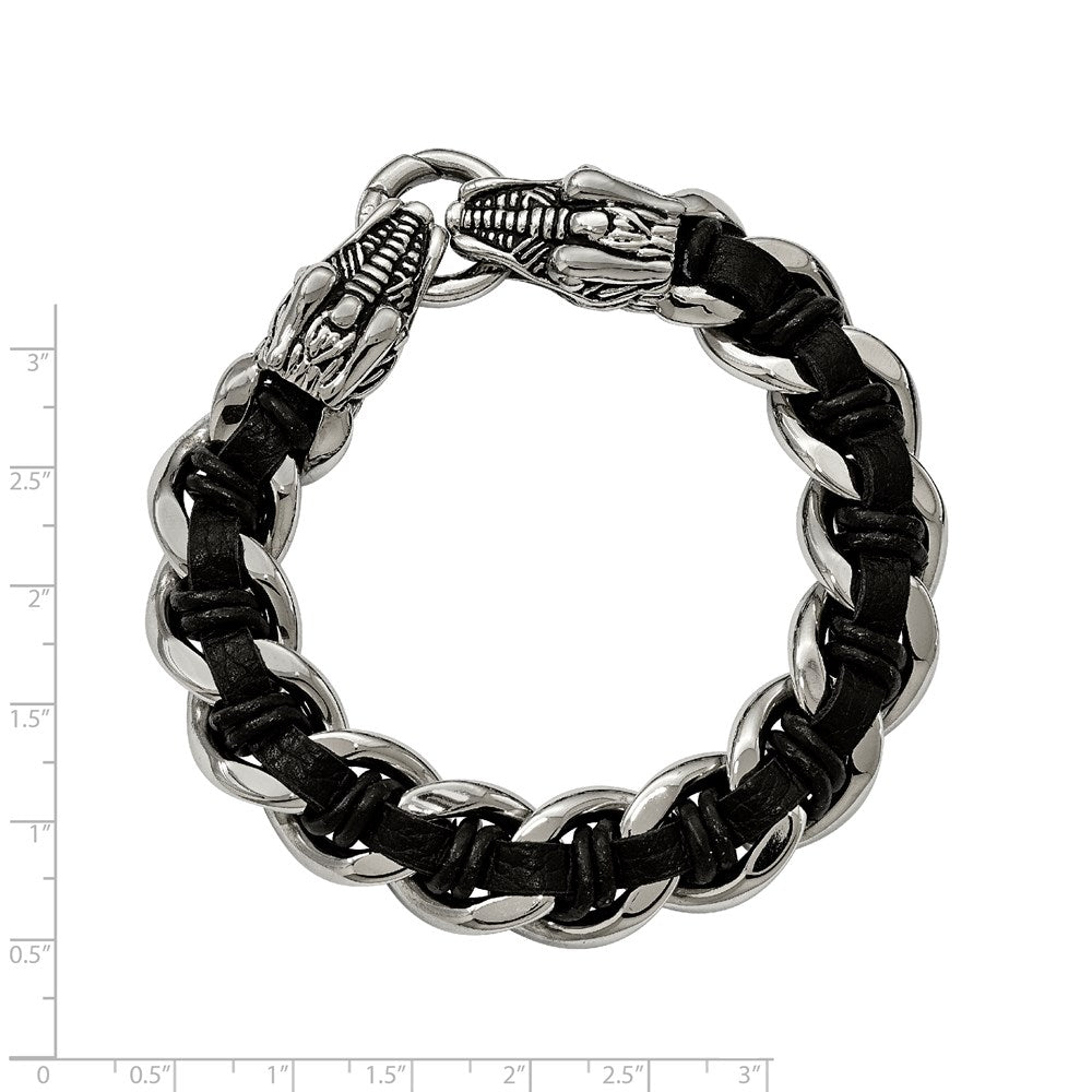 Stainless Steel Antiqued & Polished Dragon Head Black Leather Bracelet 8.5 inches