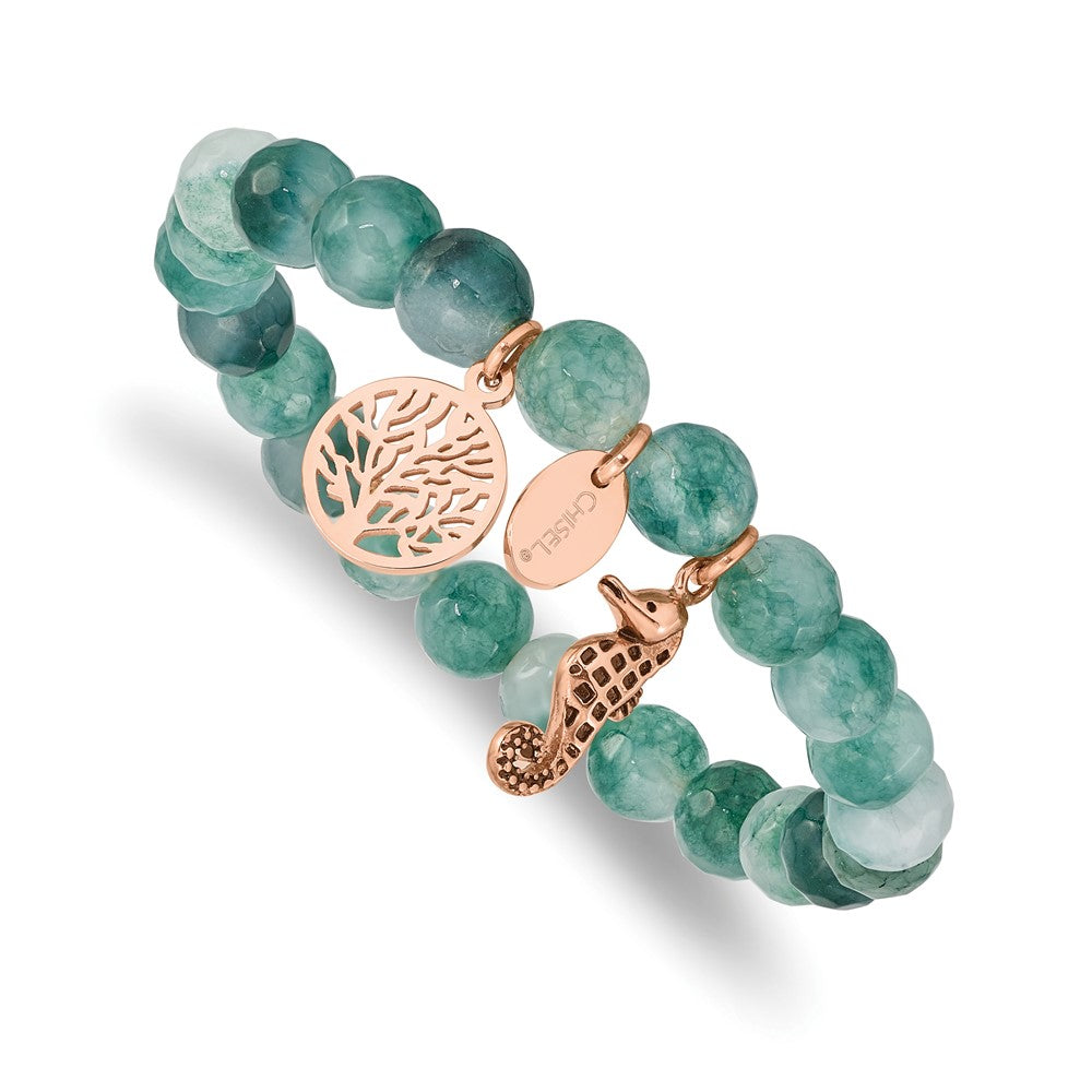 Stainless Steel Antiqued & Polished Rose IP Seahorse Green Dyed Jade Bracel 6.25 inches