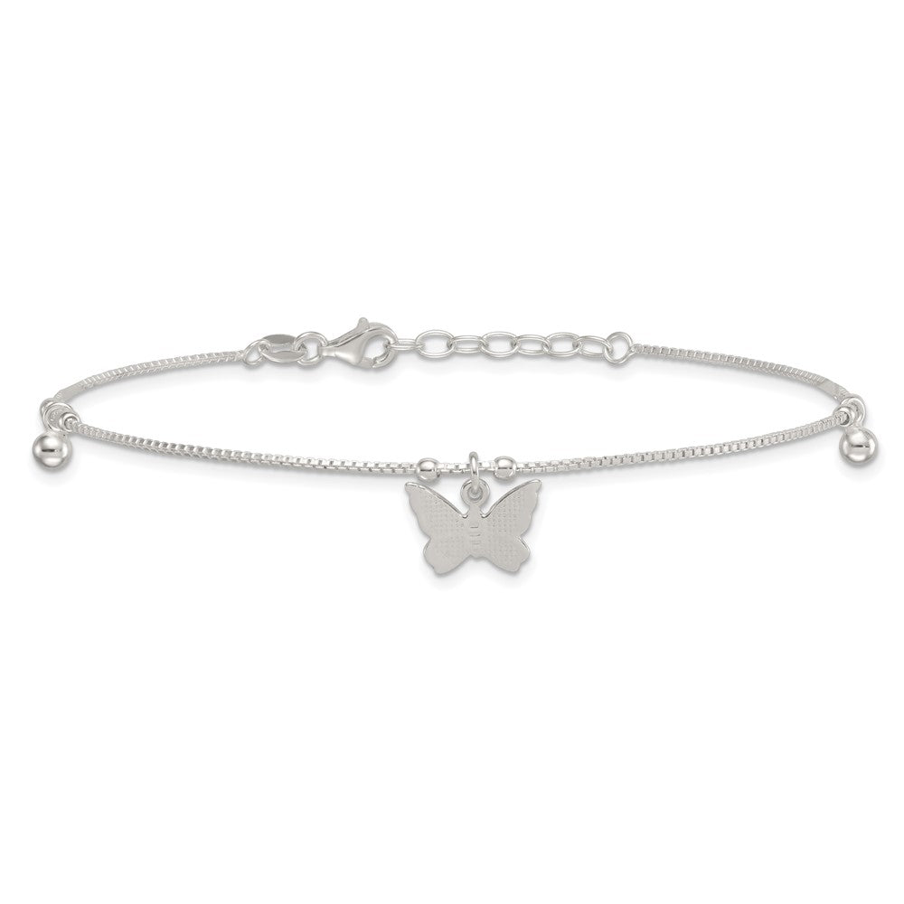 Sterling Silver Polished Textured and Beaded Butterfly 9 inch with 1 inch Extension Anklet