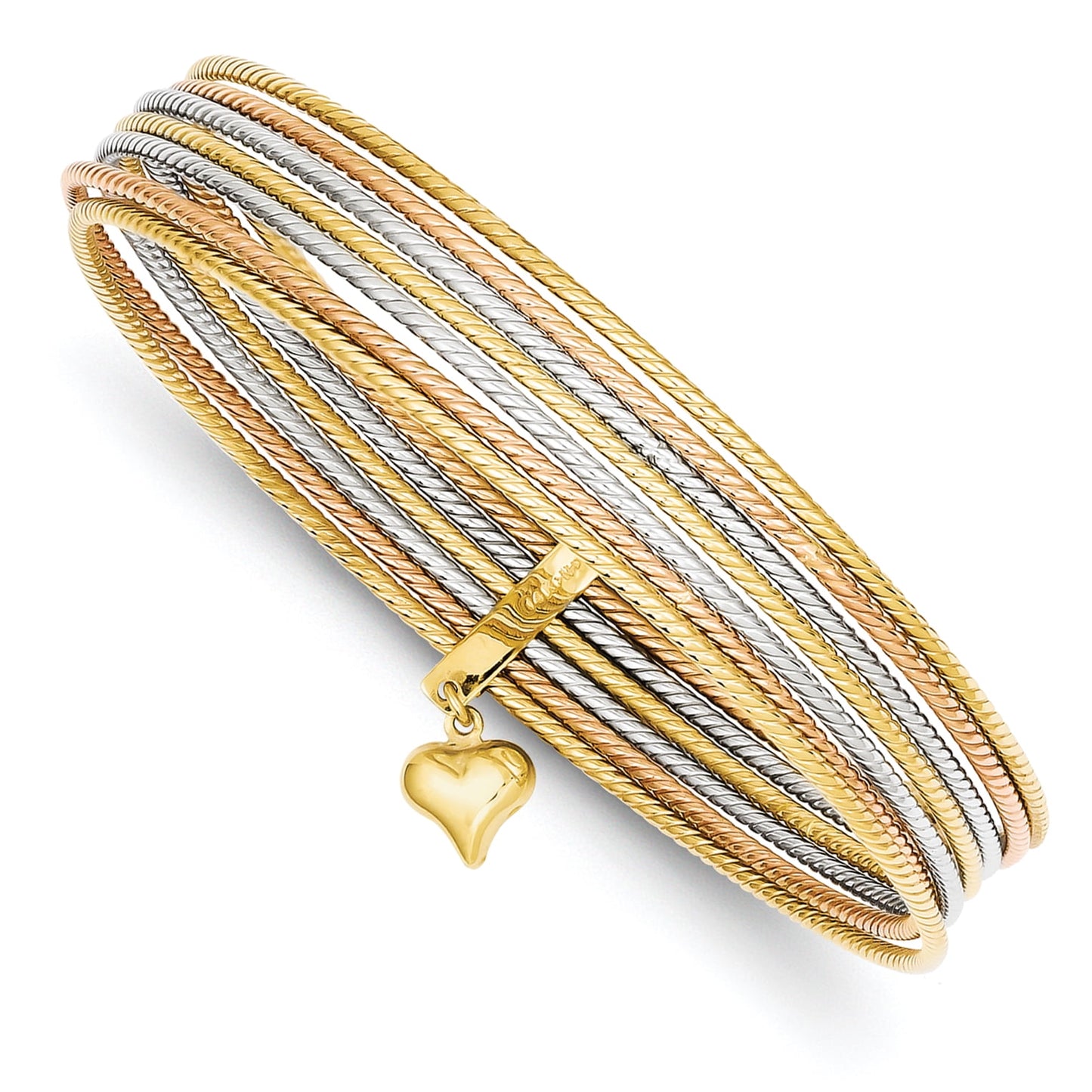 14K Tri-color Polished and Textured with Dangle Heart 7-Strand 11.00mm Slip-on Round Bangle Bracelet