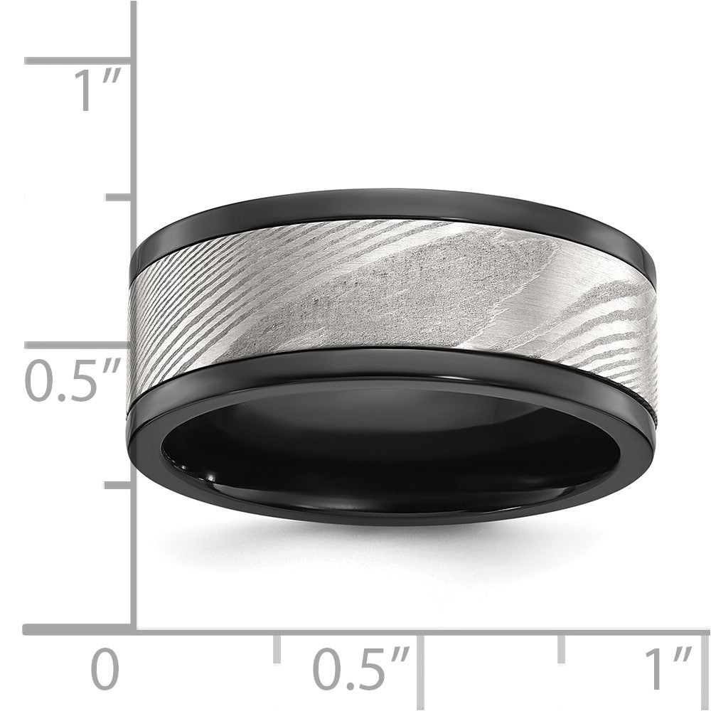 Chisel Black Zirconium Polished with Damascus Inlay 9mm Band Size - 11.5
