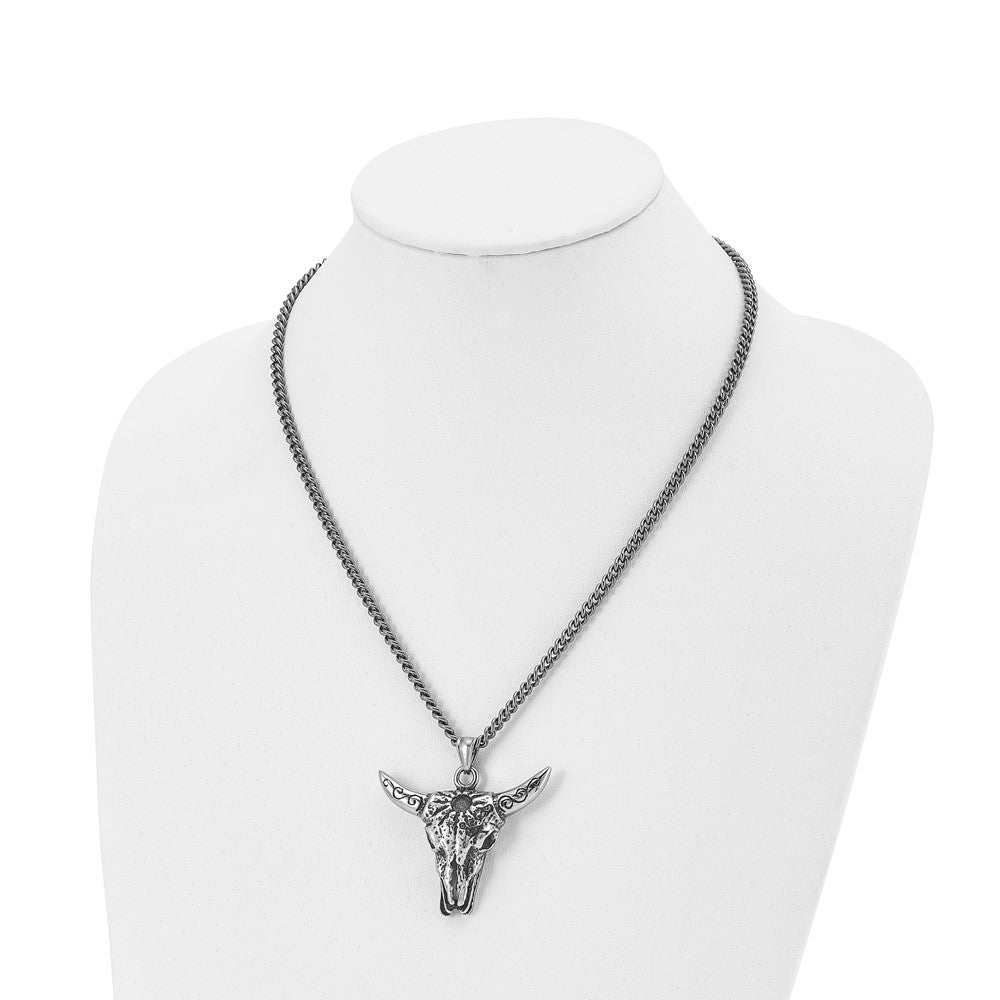 Stainless Steel Antiqued and Polished Bull Skull 20in Necklace