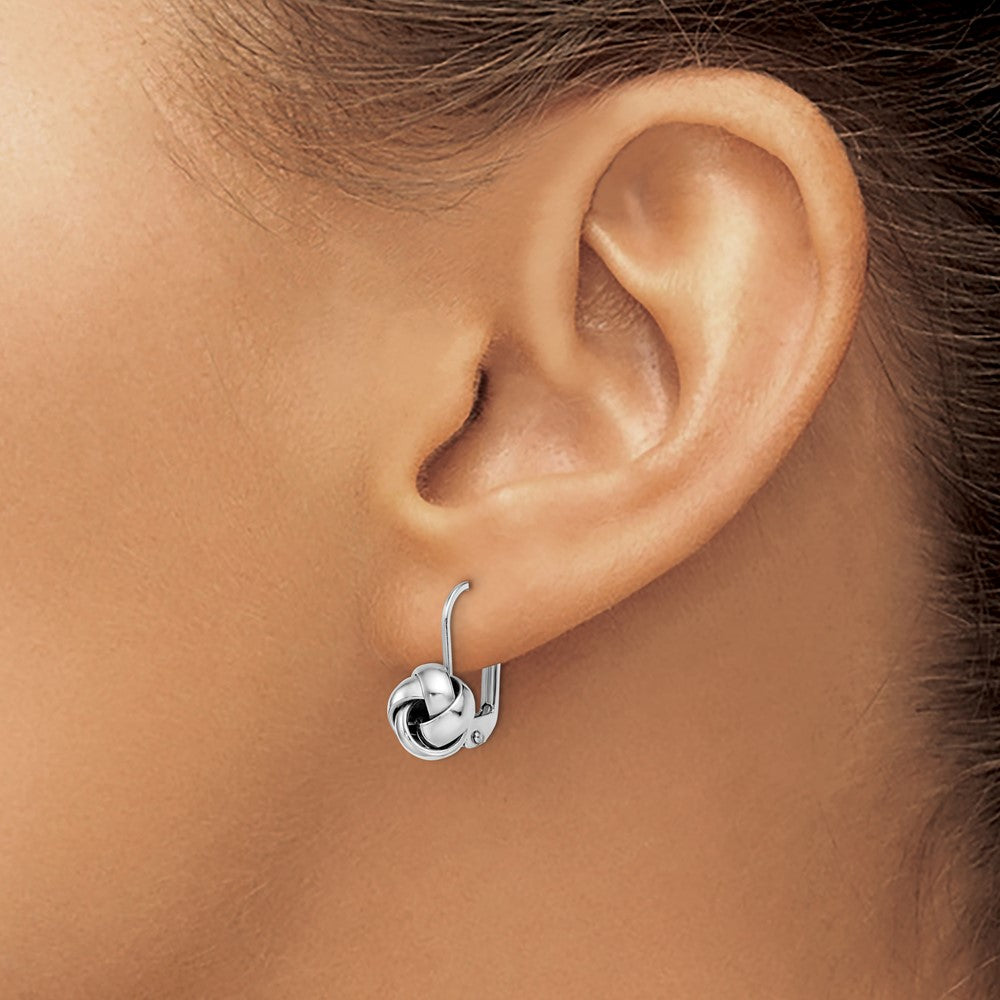 14K w/ White Rhodium Plating Polished Love Knot Leverback Earrings