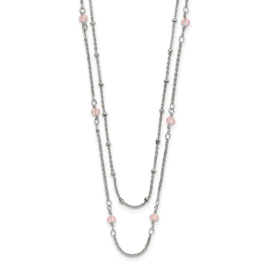 Stainless Steel Polished 2-Strand Pink Crystal Beaded w/1in ext. Necklace