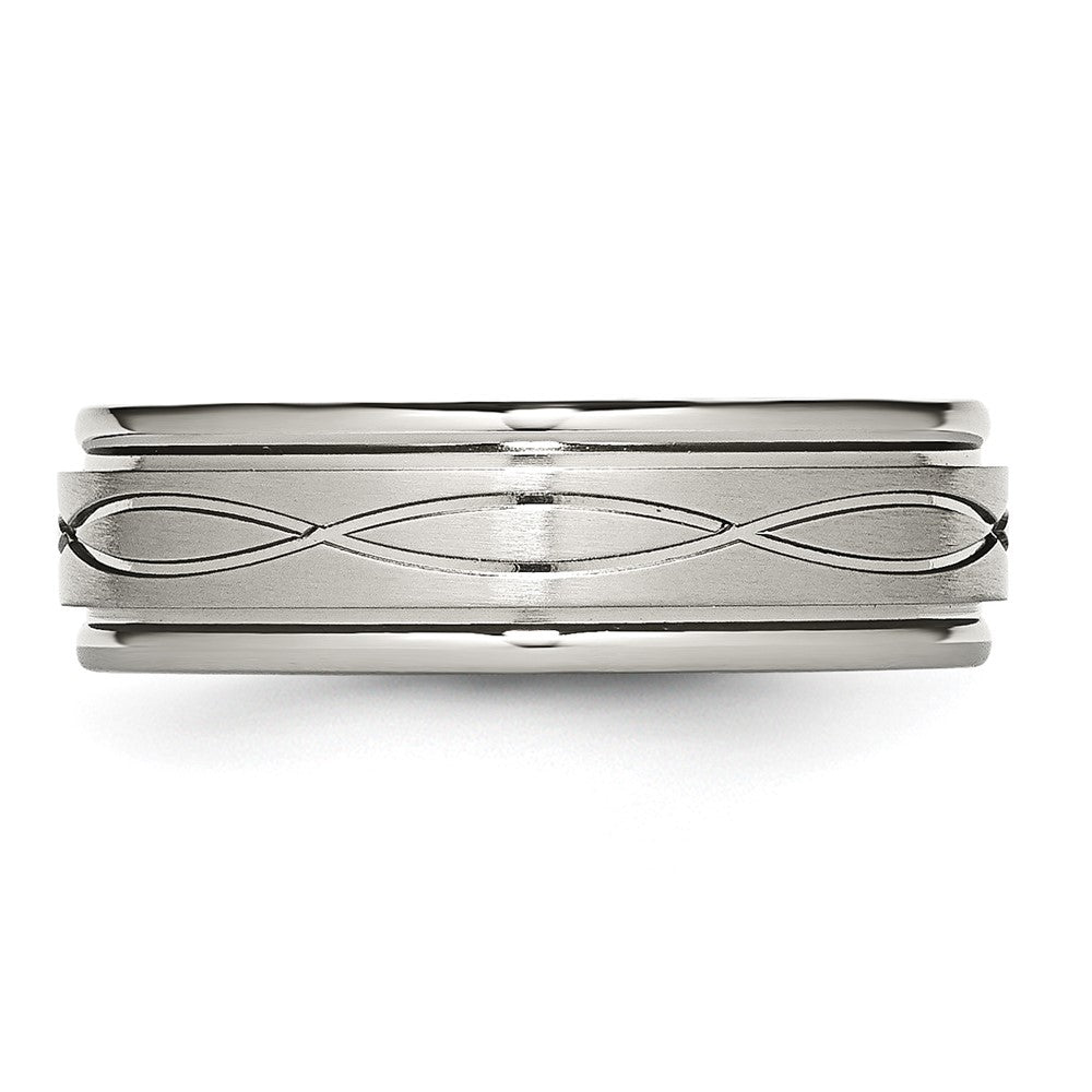 Stainless Steel Polished/Brushed Criss-cross Design 7mm Ridged Edge Band Size - 7