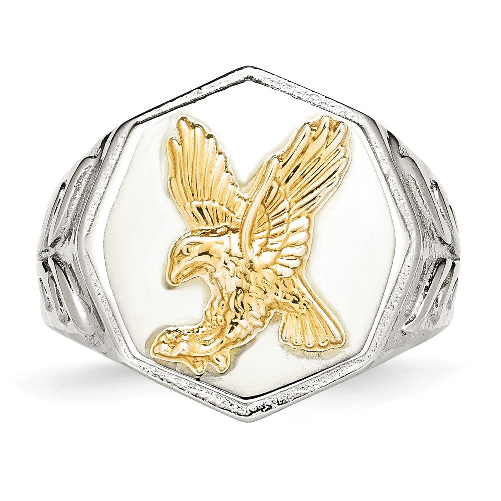 Stainless Steel Polished Yellow IP-plated w/Sterling Silver Eagle Ring Size - 10