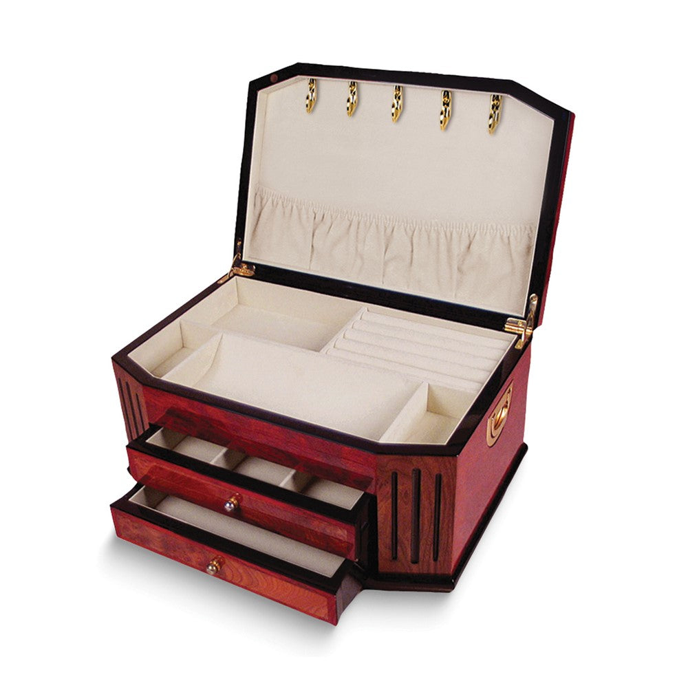 High Gloss Burlwood Finish with Black Accents Two Drawer Wooden Jewelry Box