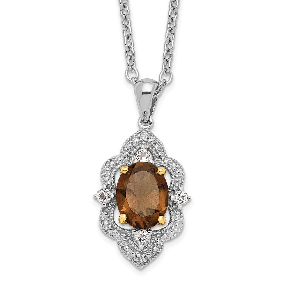 Brilliant Gemstones Sterling Silver with 14K Accent Rhodium-plated Smoky Quartz and White Topaz and Diamond 18 Inch Necklace with 2 Inch Extender 17 Inches