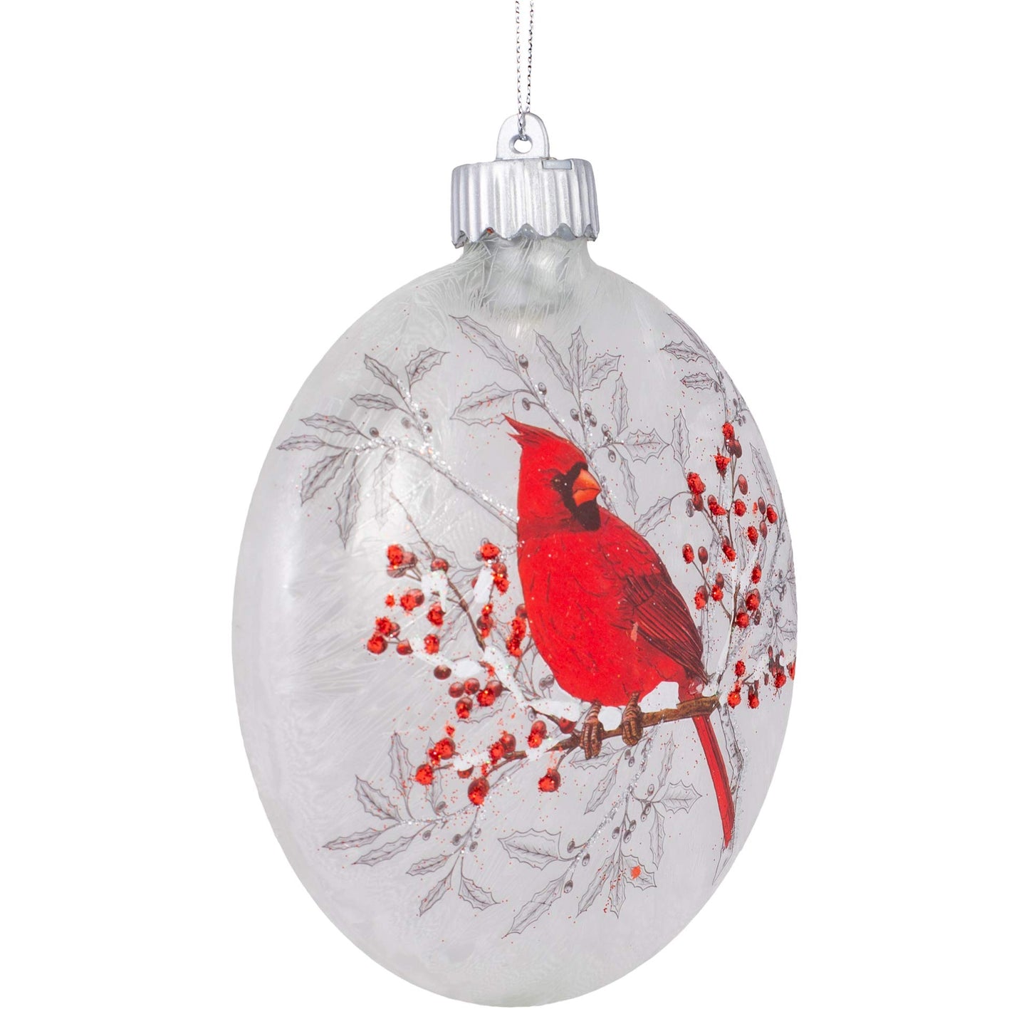 Roman Cardinal On Holly Branch Winter Forest Red 6 x 5 Glass Holiday Hanging Ornament