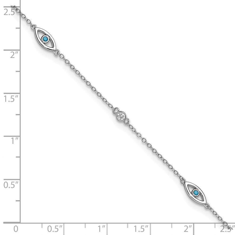 Cheryl M Sterling Silver Rhodium-plated Polished Blue Glass and CZ Evil Eye 9.5 Inch with 1 Inch Extension Anklet