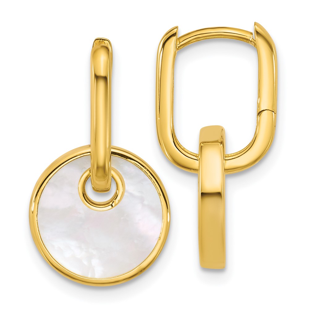 Sterling Silver Gold-plated Polished Mother of Pearl Circle Drop Hinged Hoop Earrings