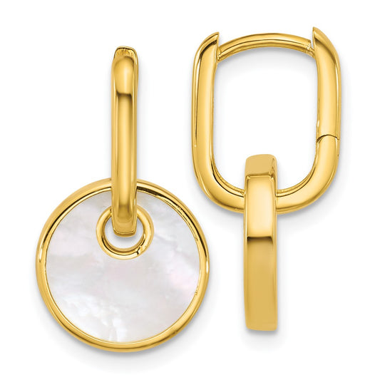 Sterling Silver Gold-plated Polished Mother of Pearl Circle Drop Hinged Hoop Earrings