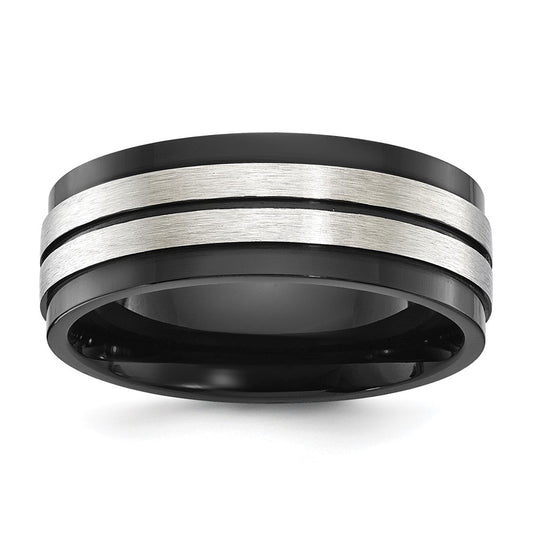 Stainless Steel Brushed and Polished Black IP-plated 8mm Band Size - 10