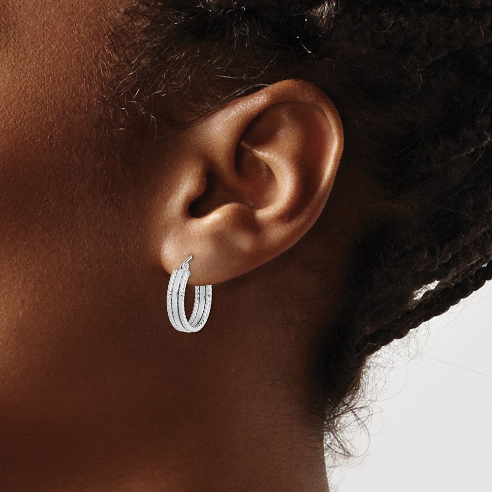Sterling Silver Rhodium Plated 5mm Textured Hoop Earrings