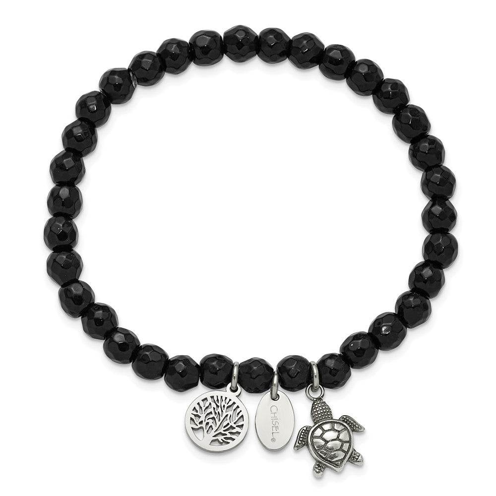 Chisel Stainless Steel Antiqued and Polished Turtle and Tree of Life Dangles 6mm Black Agate Beaded 6.25 inch Stretch Bracelet 6.25 inches