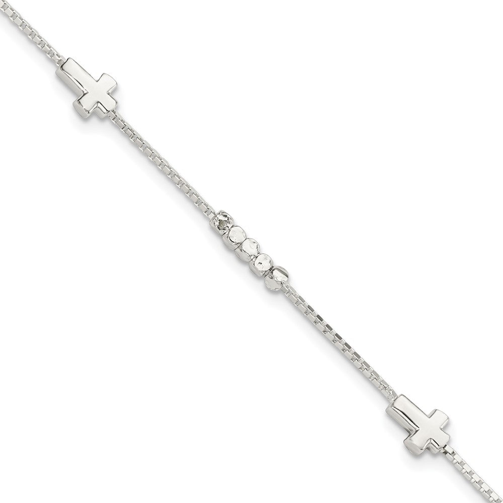 Sterling Silver Fancy Bead & Cross w/ 1in ext Bracelet 8 inches