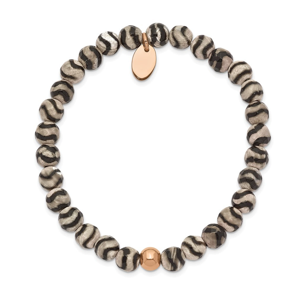 Stainless Steel Polished Rose IP Black and White Agate Stretch Bracelet 6.25 inches