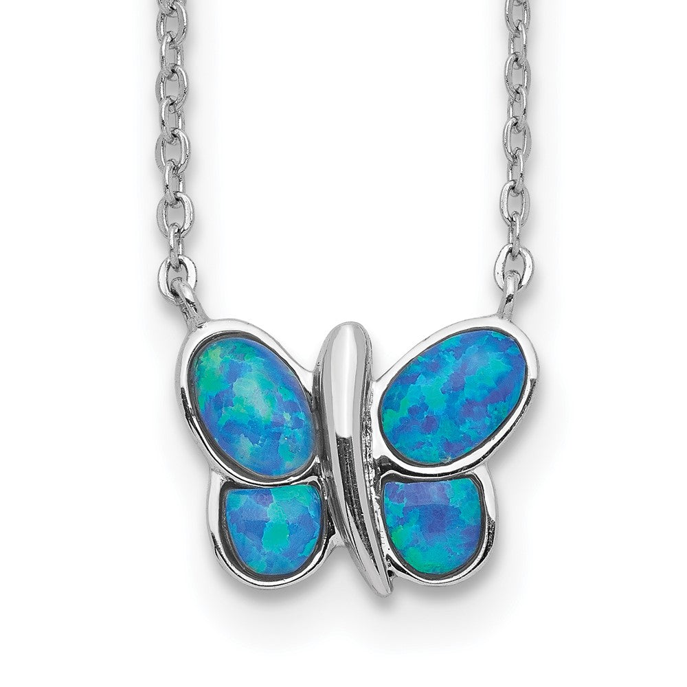 Sterling Silver Rhodium plated Created Opal Butterfly Inlay Necklace 18 Inches
