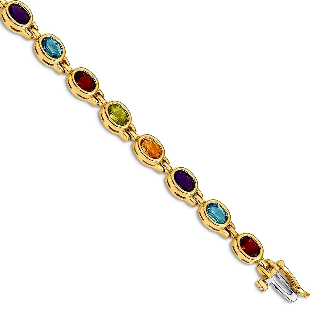 14k Complete Oval Garnet/Peridot/Citrine/Amethyst/Sky Blue Topaz Bezel-set 7 inch Rainbow Bracelet