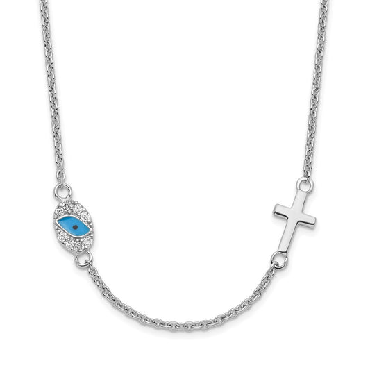 Sterling Silver RH CZ Enamel Cross w/Eye 16.5in w/2in ext Necklace 16.5 Inches
