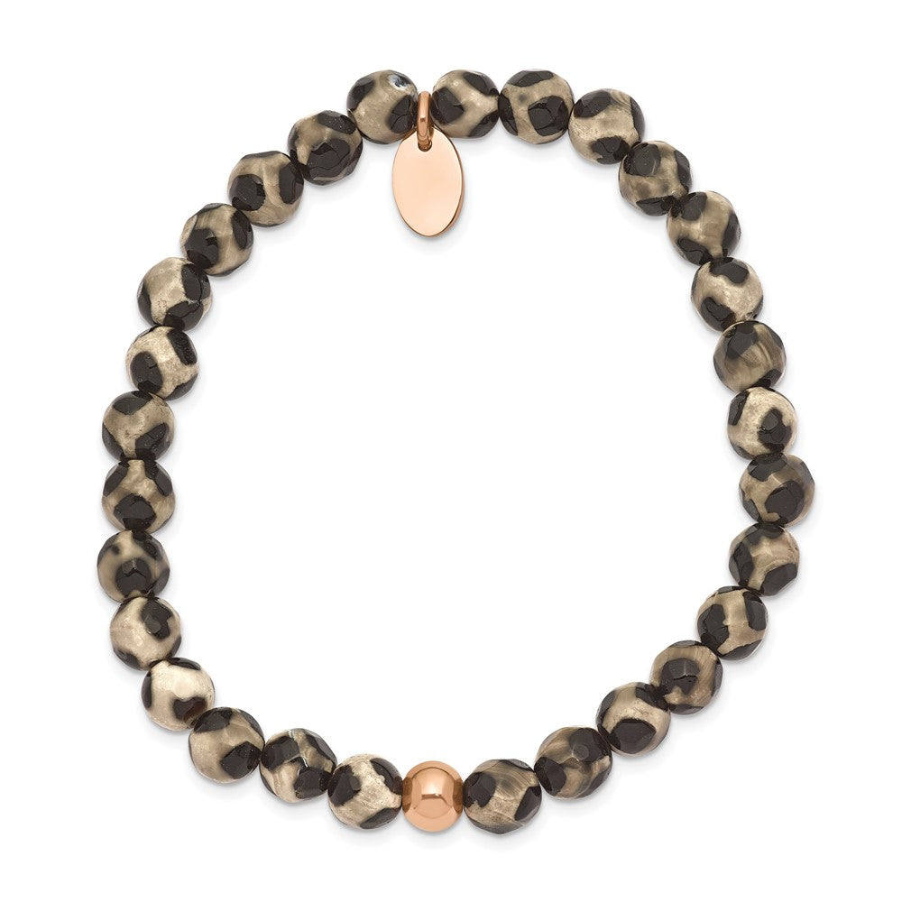 Stainless Steel Polished Rose IP Black and White Agate Stretch Bracelet 6.25 inches