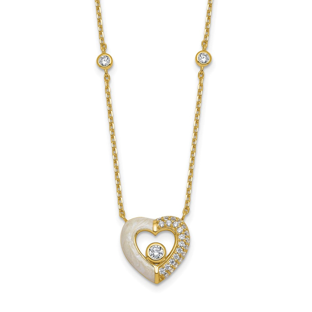 Sterling Silver Gold-tone Polished CZ and Champagne Enamel Open Heart 16 inch with 2 inch Extension Necklace 16 Inches