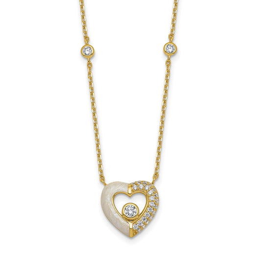Sterling Silver Gold-tone Polished CZ and Champagne Enamel Open Heart 16 inch with 2 inch Extension Necklace 16 Inches